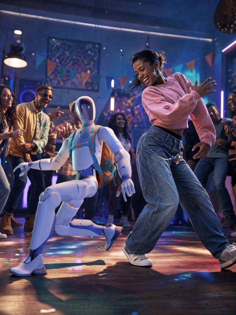 Galbot ET1 dancing at a party with backpack