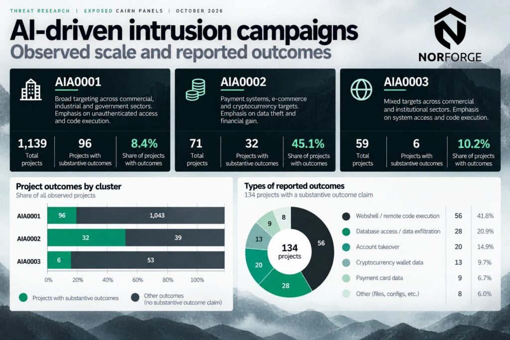NorForge summary of the AI-driven intrusion campaigns it observed and their outcomes (NorForge)