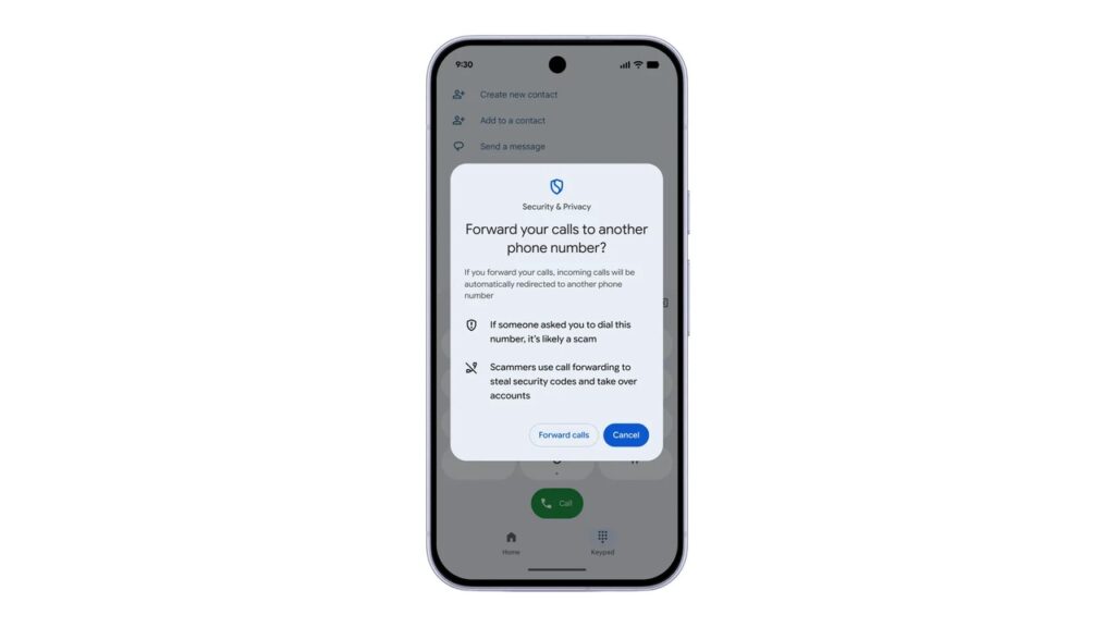 Android warning when a scammer tries to enable call forwarding (Google)