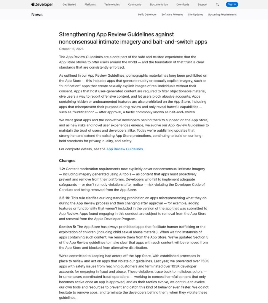 Apple Developer news post on the updated App Review Guidelines (Apple screenshot)