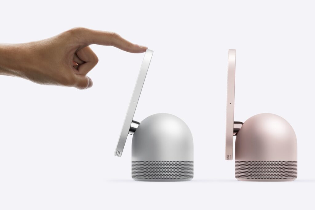 HomeView tilts on a stainless steel hinge (Apple)