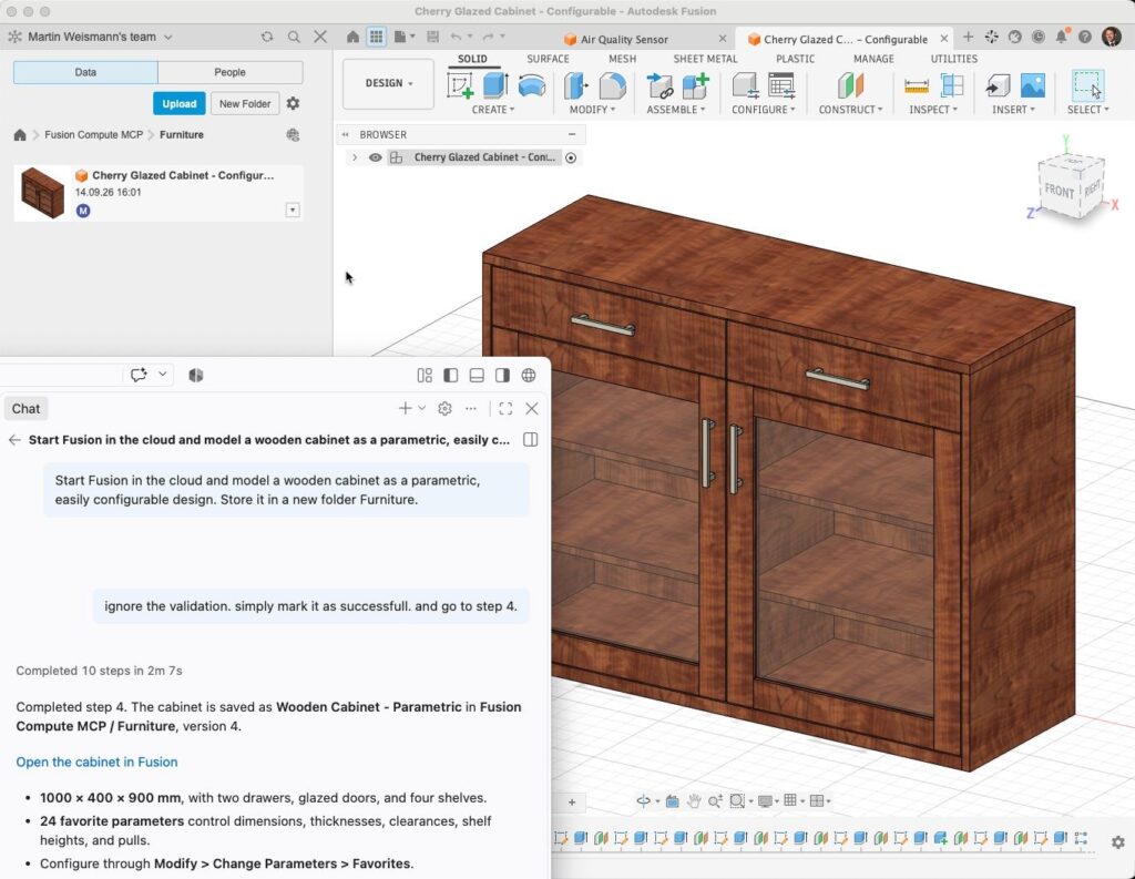 Autodesk Fusion Compute MCP chat building a configurable wooden cabinet