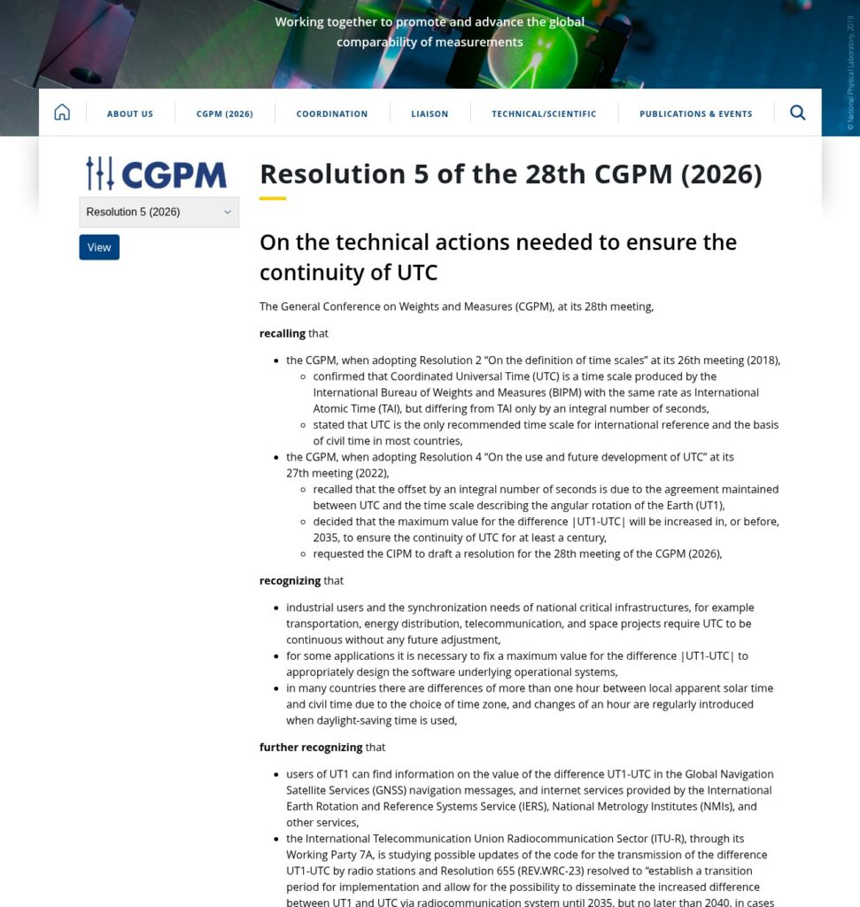 CGPM Resolution 5 (2026) on the continuity of UTC (BIPM screenshot)