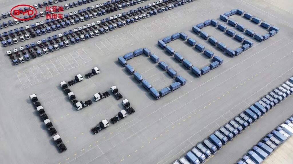 BYD trucks parked to form the number 150000 (BYD)