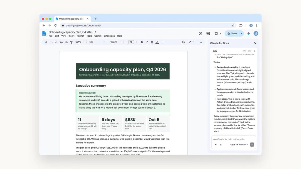 Claude sidebar open next to a Google Doc, photo 1