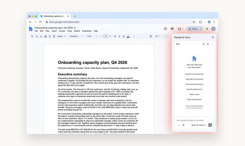 AI ასისტენტი Claude Google Docs-ში ჩაშენდა და ფაილებს პირდაპირ ასწორებს