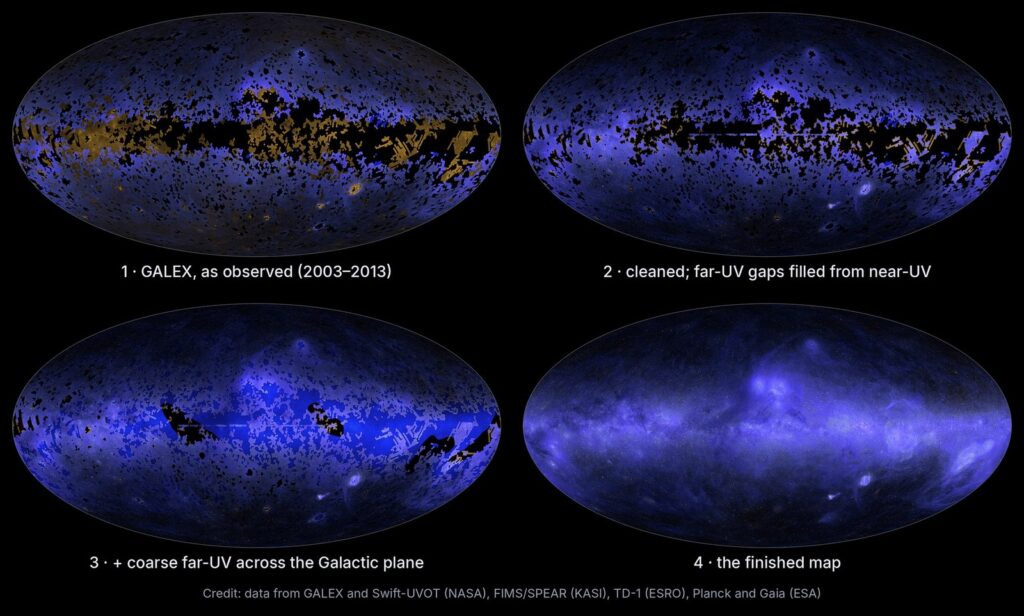 Four steps from GALEX data with holes to the finished UV map (Anthropic)