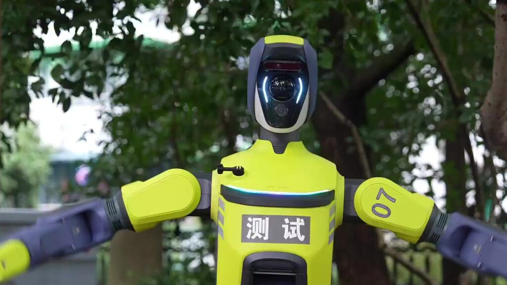 Deep Robotics DR02 humanoid robot at a roadside in Hangzhou, photo 1