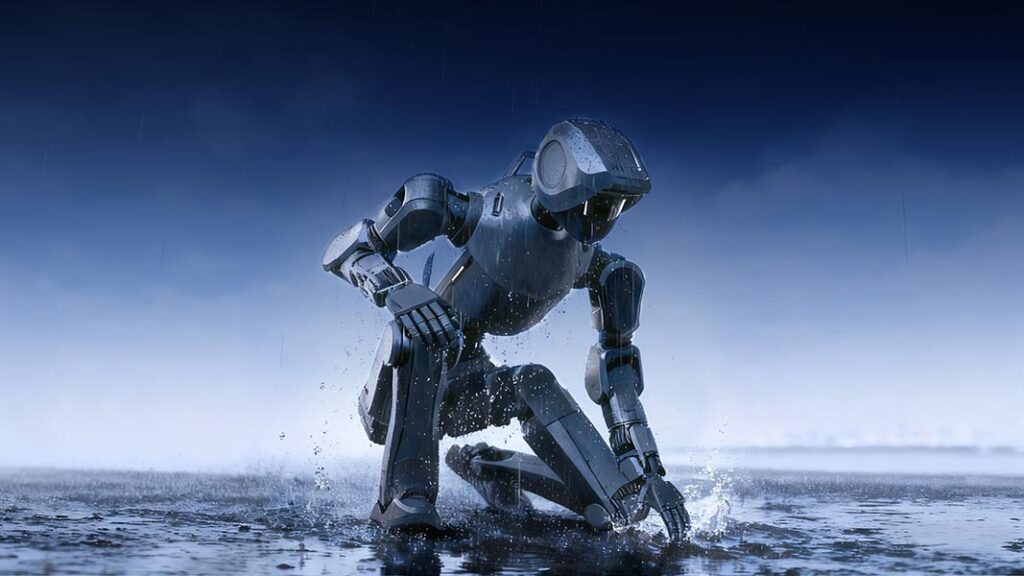 Deep Robotics DR02 humanoid robot at a roadside in Hangzhou, photo 3