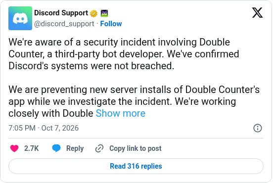 Discord Support post on X about the Double Counter incident, screenshot