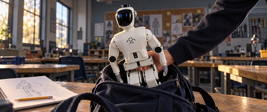 FF Nova humanoid with a laptop in a classroom (Faraday Future)
