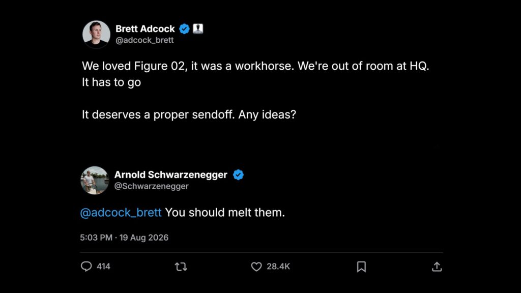 Brett Adcock post and Arnold Schwarzenegger reply You should melt them, image from Figure
