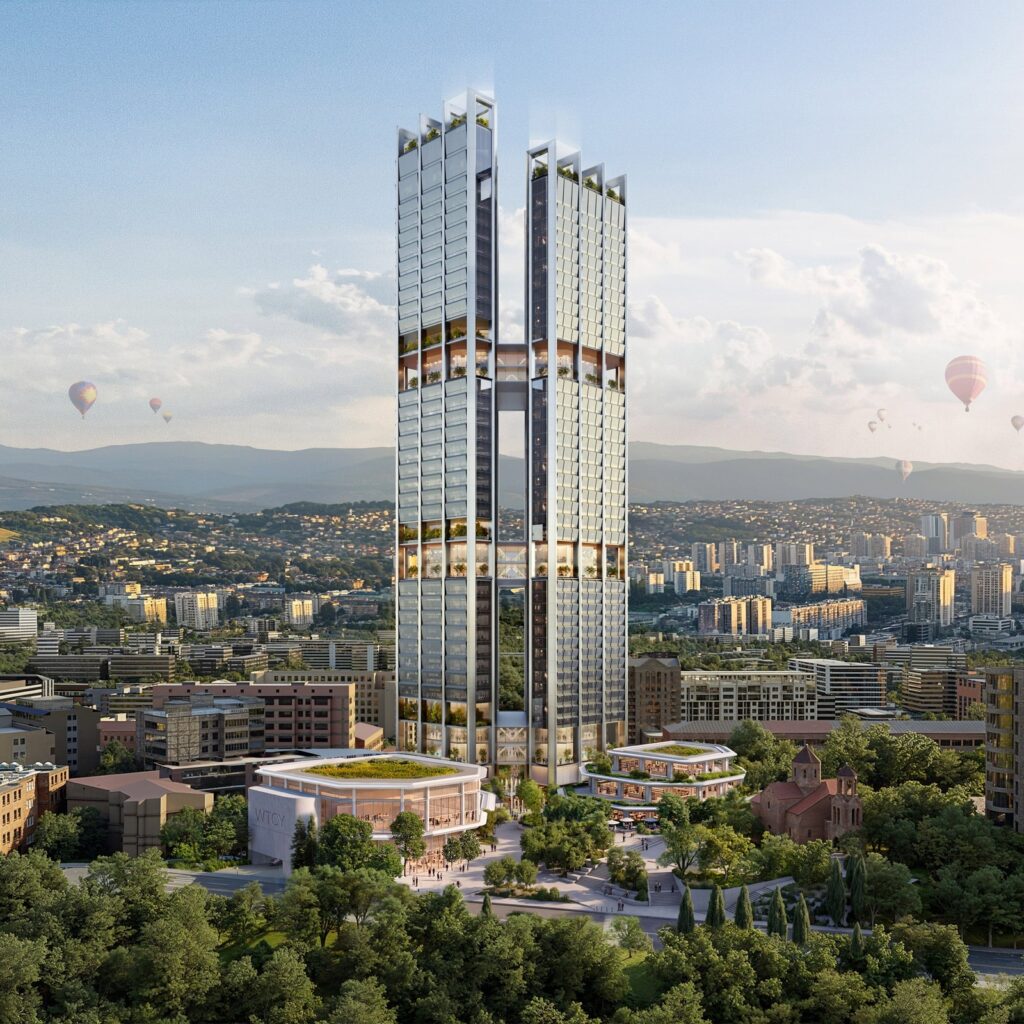 The twin towers of World Trade Center Yerevan above the city (Foster + Partners)