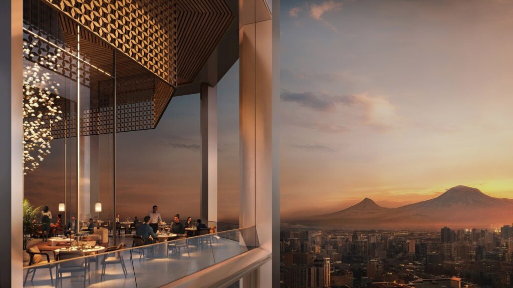A terrace in the towers with a view of Mount Ararat at sunset (Foster + Partners)