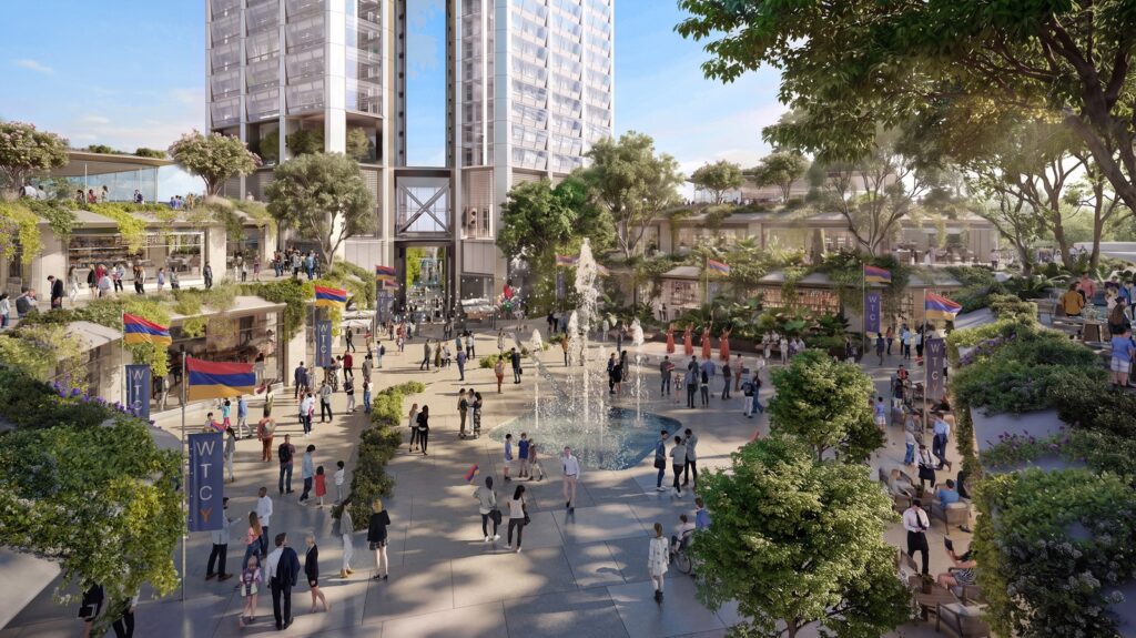 The public square with greenery at the base of the towers (Foster + Partners)