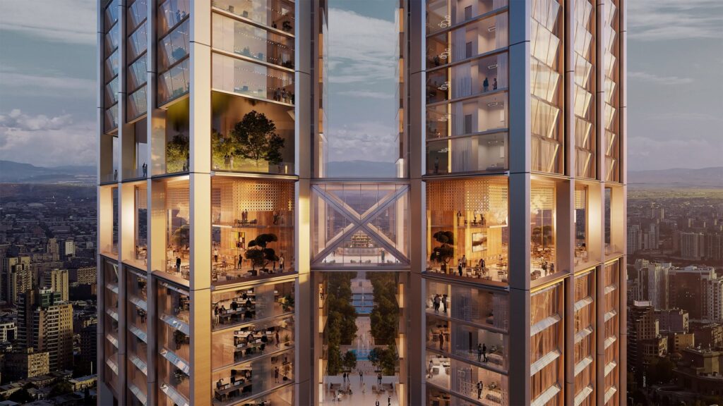 An enclosed bridge between the towers with landscaped terraces (Foster + Partners)