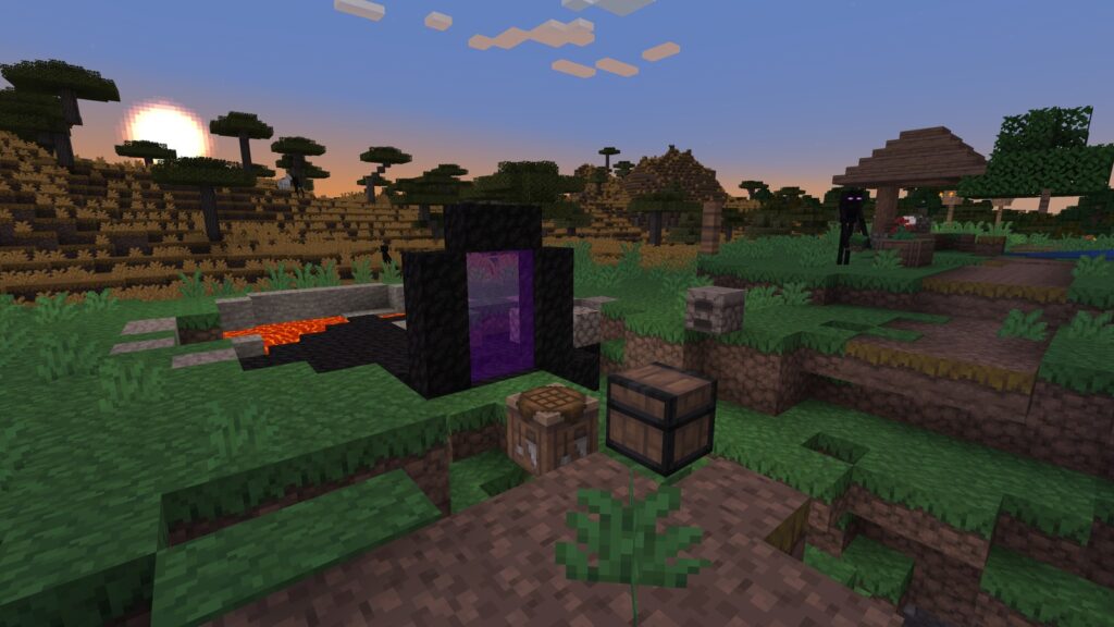 A Nether portal built by the agents near a village (in-game render, Faldor et al.)