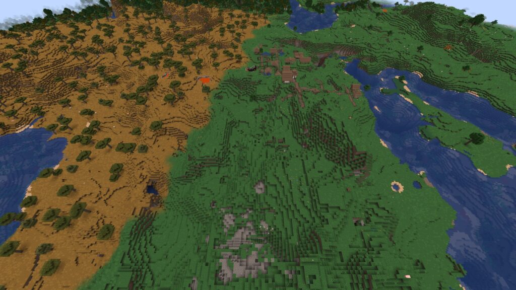 Aerial view of the randomly generated world the agents started in (in-game render, Faldor et al.)