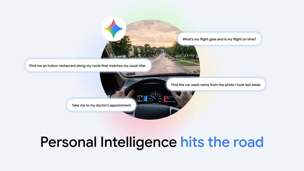 Google graphic: Personal Intelligence voice requests around a driver at the wheel (Google)