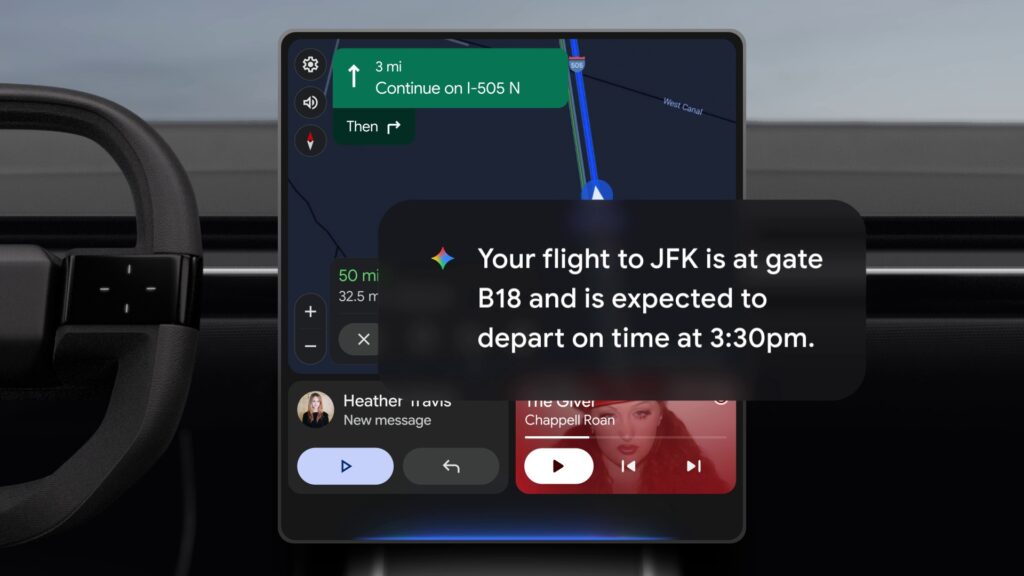 Android Auto screen: Gemini answers that the flight to JFK is at gate B18 and departs on time (still from Google's demo video)