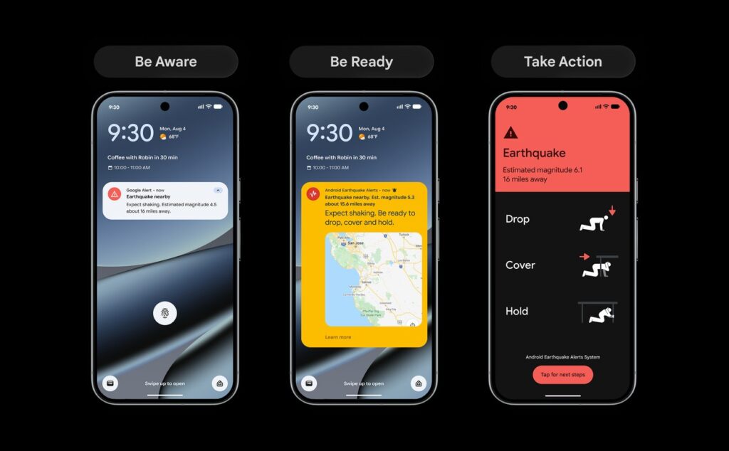 Updated Be Ready earthquake alert UI with map and magnitude (Google)