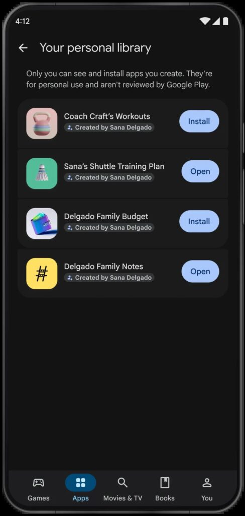Google Play "personal library" with apps the user built in Google AI Studio (Google)