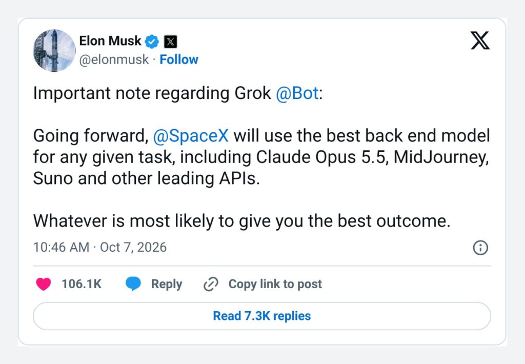 Elon Musk post on X about Grok Bot using Claude Opus 5.5, Midjourney and Suno, screenshot
