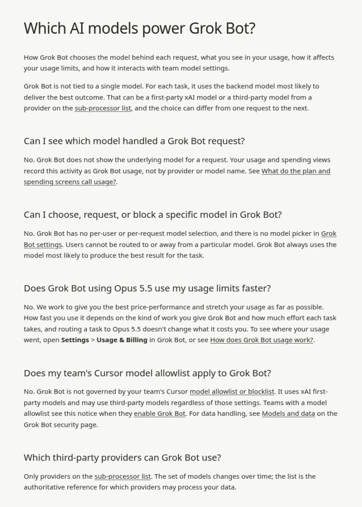 Official Grok Bot help page Which AI models power Grok Bot, screenshot