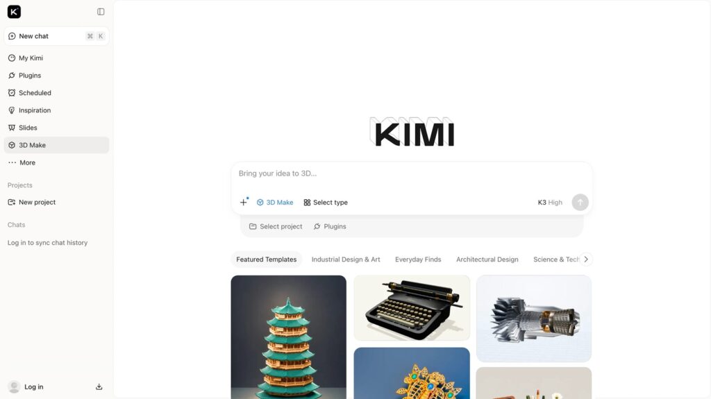 3D Make on kimi.ai: preview and edit 3D models created by the model (Moonshot AI)