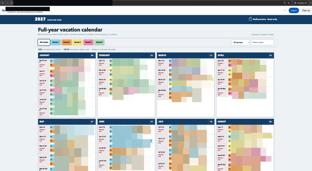 A real Muse share Claroc opened without logging in: a company's staff vacation calendar, names pixelated by Claroc (Claroc)