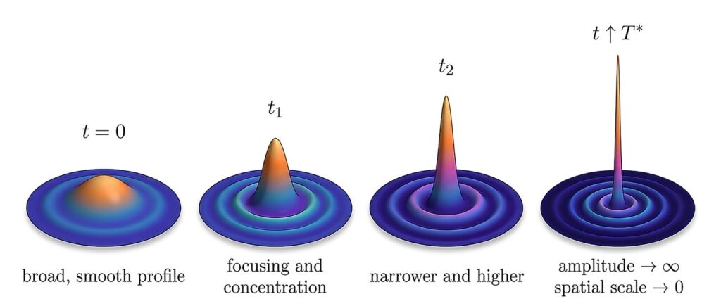 Meta diagram: radial wave profiles become narrower and taller as time approaches finite-time blow-up