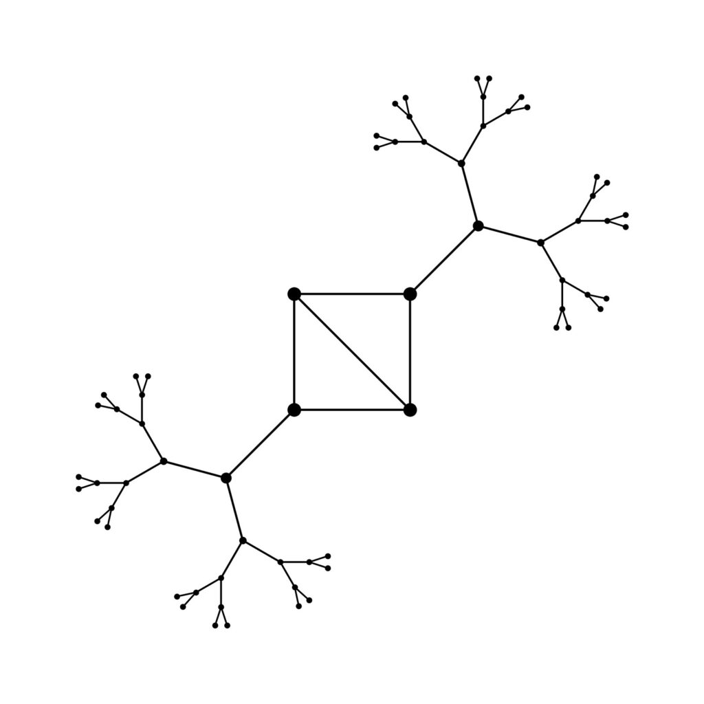Meta diagram: skeleton of a genus-two Mumford curve with two central loops and branching trees