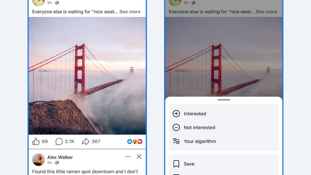 Facebook Discovery / Your Algorithm UI (Meta via TechCrunch)