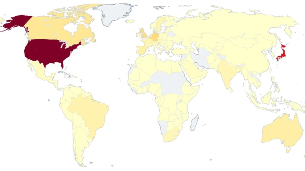 Heat map of countries hit by Storm-3119 / Storm-2990 related phishing (Microsoft)