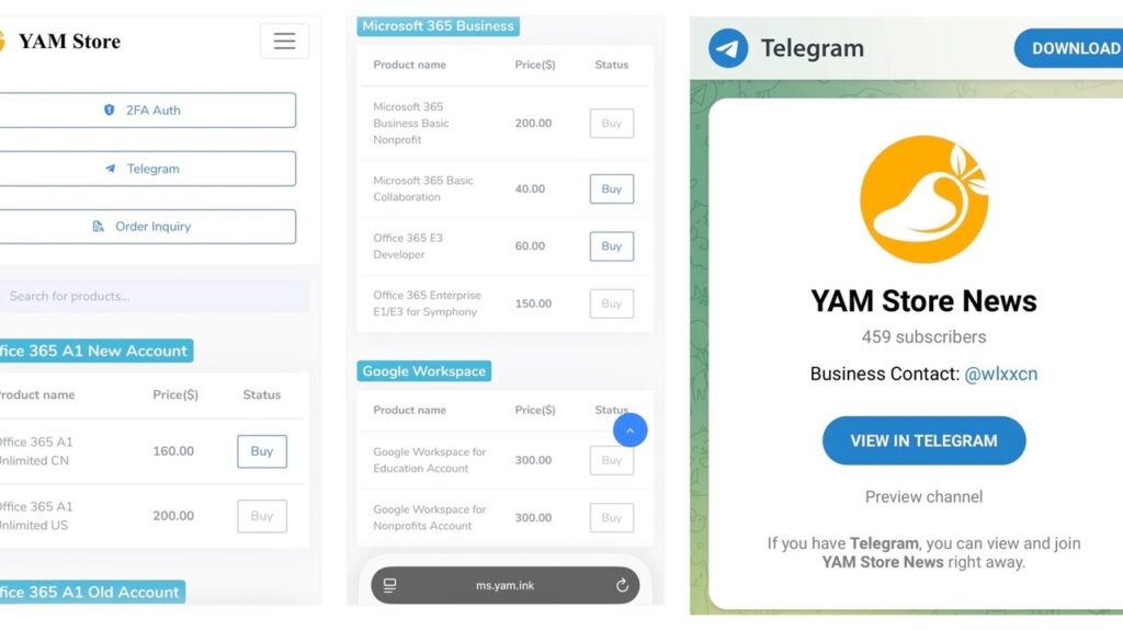 YAM Store interface and Telegram sales channel (Microsoft)