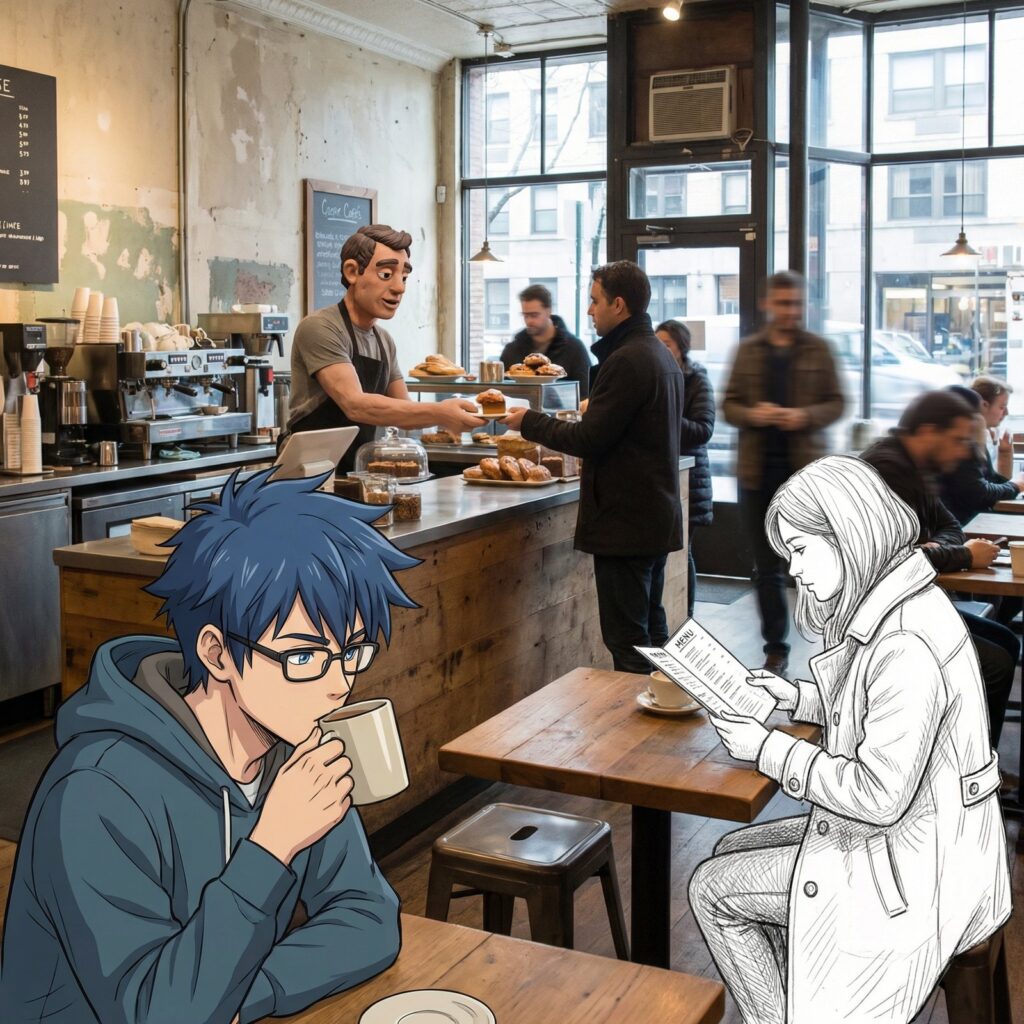 Cafe scene mixing illustration styles