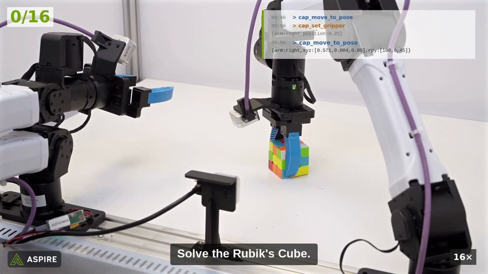 ASPIRE starts a 16 move Rubik's Cube solution on a two arm YAM robot (NVIDIA GEAR video still)