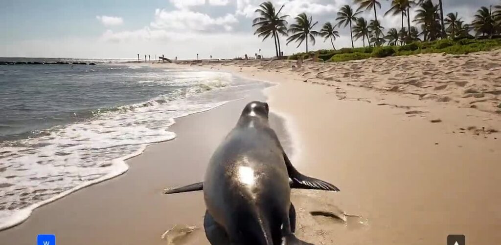 Odyssey-3 generated world: seals on a beach (Odyssey)
