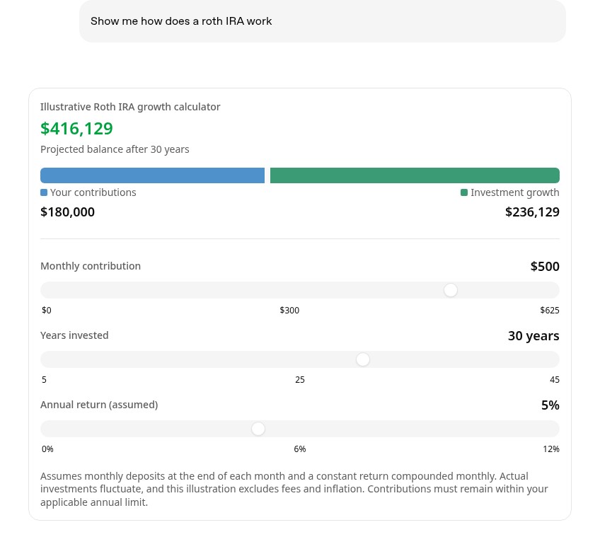 Retirement savings calculator built by ChatGPT Intelligent UI, OpenAI demo