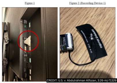 Court exhibit: the recording device behind a TV in the conference room (left) and the device itself (right). U.S. v. Abdulrahman Alfozan, via U.S. Department of Justice