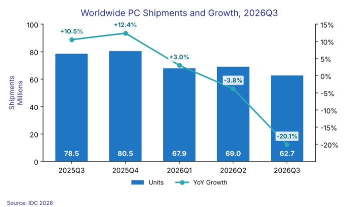 IDC chart: worldwide PC shipments and growth, Q3 2025 to Q3 2026