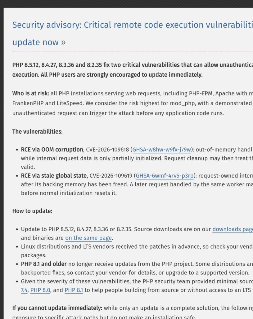 The PHP security advisory on php.net: update to PHP 8.5.12, 8.4.27, 8.3.36 or 8.2.35 (php.net screenshot)