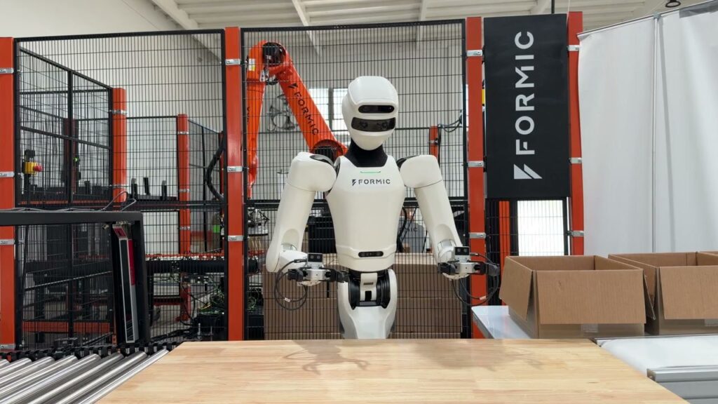 A Formic robot running a model trained through the Pi API (Physical Intelligence)