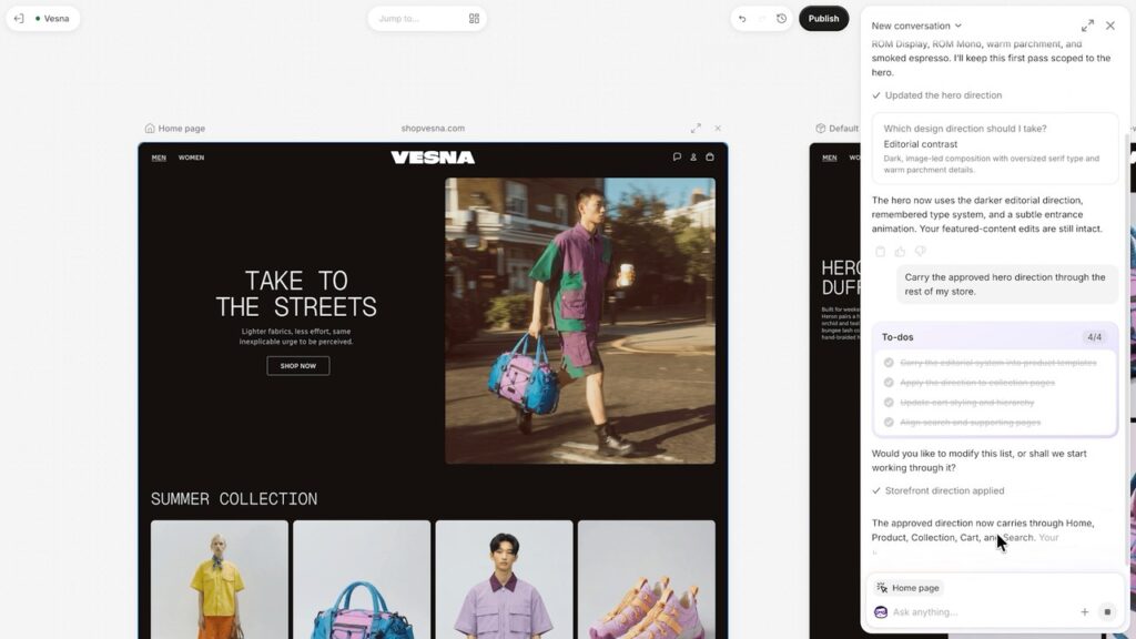 Sidekick updating a store theme in Shopify Canvas