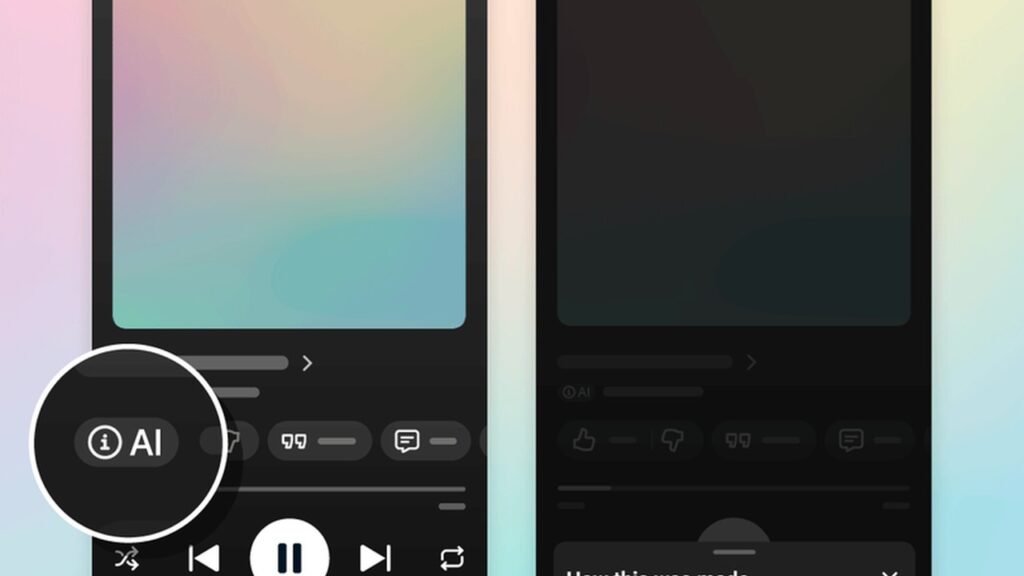 YouTube Music Now Playing screen with the AI disclosure label (YouTube)